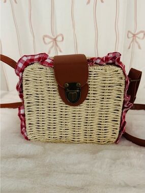Woven Straw Crossbody Bag with Red Gingham Trim